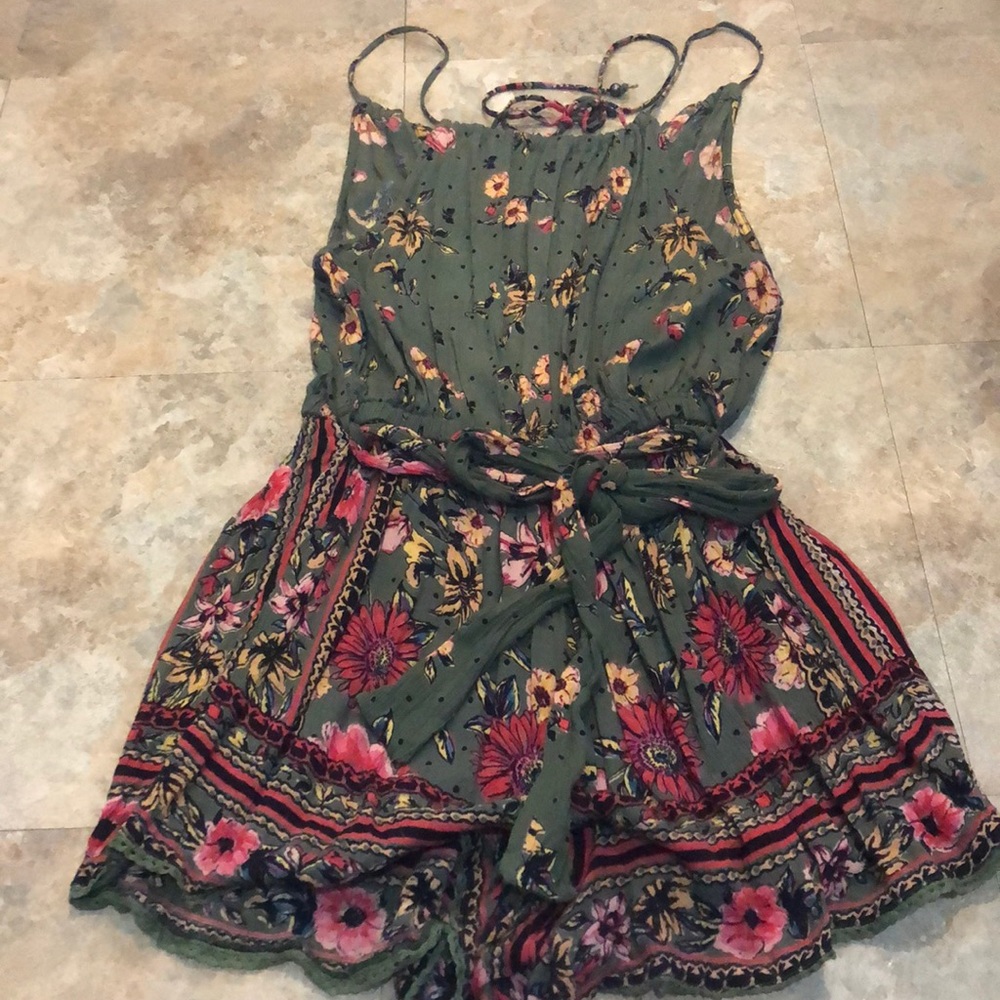 Olive and coral floral romper